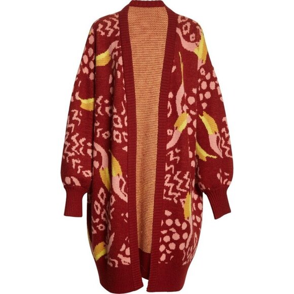 FARM Rio Sweaters - FARM Rio Cardigan M Toucanissimo Belted Longline Red Burgundy Cozy
